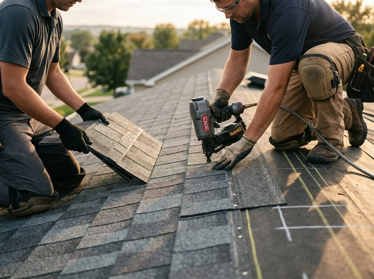 Professional roofer working on a residential roof in Bedford Heights